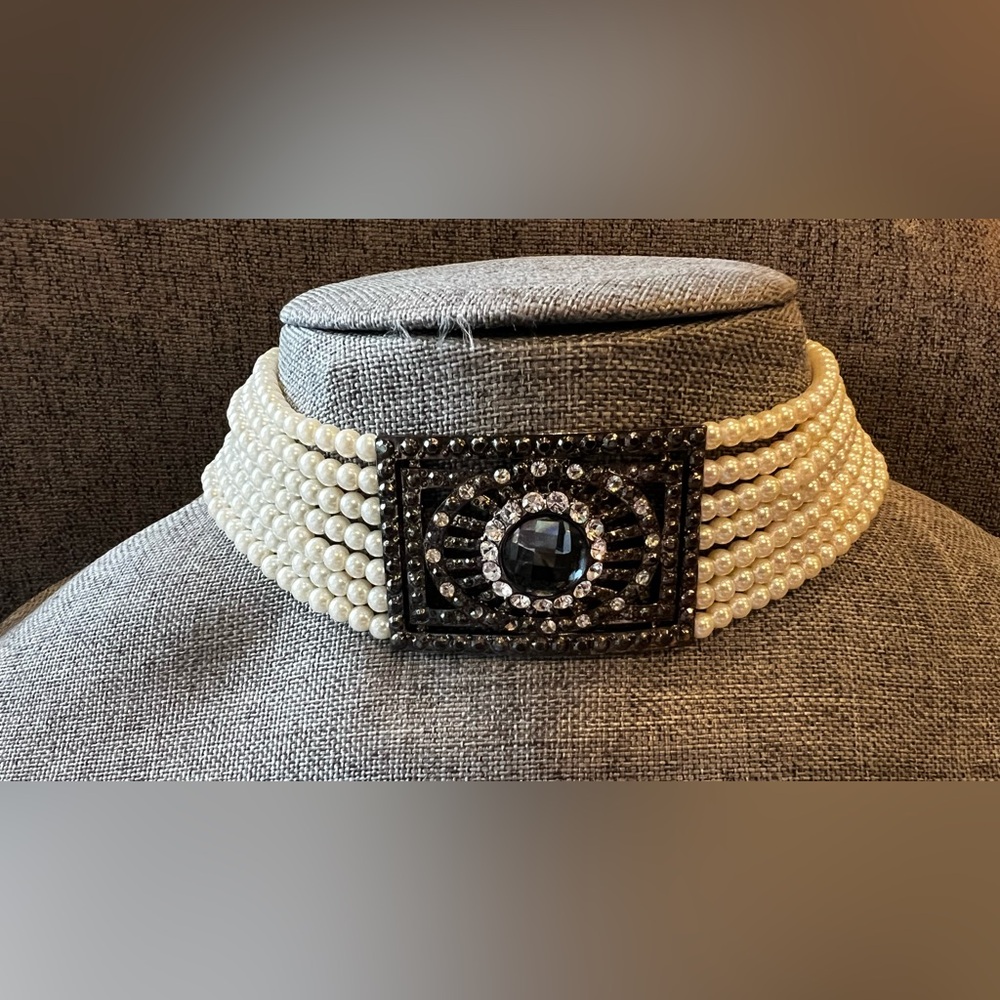Costume Statement Necklace Chocker 7 Strand White Crystal Pearls Beads Wedding